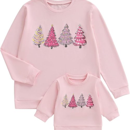 Family Matching Sets: Christmas Sweatshirts, Long-Sleeve Crew Neck Pullovers with Letter & Christmas Tree Prints