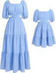 Matching Family Outfits: Solid-Color Square-Neck Ruffled Dresses (With Pockets) — Summer Cutout Tie-Waist Tiered Design — Mother & Daughter Style