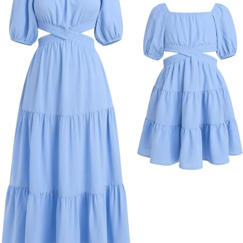 Matching Family Outfits: Solid-Color Square-Neck Ruffled Dresses (With Pockets) — Summer Cutout Tie-Waist Tiered Design — Mother & Daughter Style