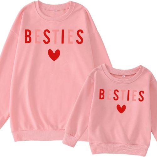 Family Sweatshirts: "Heart Besties" Letter-Print Pullovers – Long-Sleeve Tops