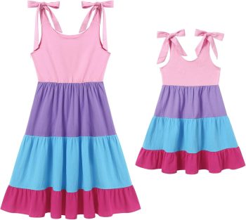 Family Look: Bohemian-Style Rainbow Strap Dress — Sleeveless, Tie-Waist, Ruffled A-Line Tiered Dress — Matching Summer Casual Style for Mother & Daughter