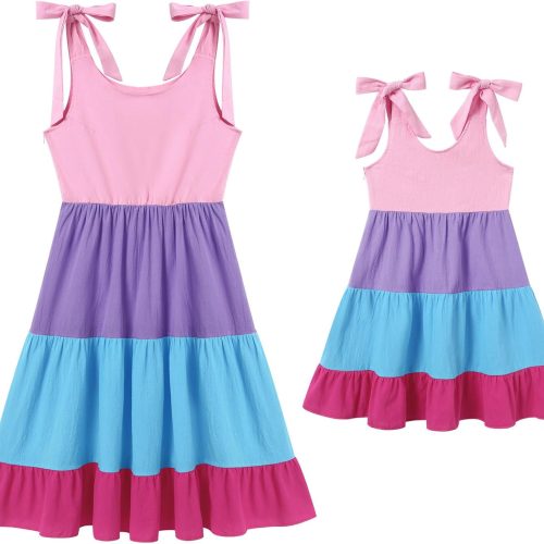 Family Look: Bohemian-Style Rainbow Strap Dress — Sleeveless, Tie-Waist, Ruffled A-Line Tiered Dress — Matching Summer Casual Style for Mother & Daughter