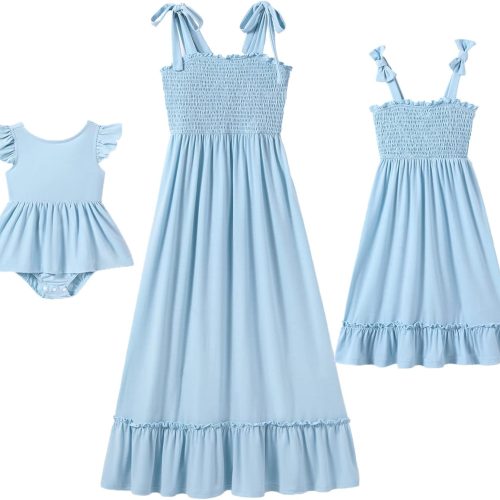 Matching Family Dresses: Summer Outfits — Spaghetti Strap, Square Neck, Ruffled A-Line Maxi Dresses (Beach Style)