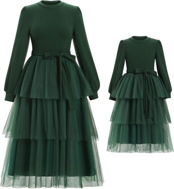 Family Look: Christmas-Themed Dress — Ribbed-Knit Tiered Hem with Tulle & Velvet Patchwork — Matching Autumn/Winter Christmas Style for Mother & Daughter (Includes Belt)