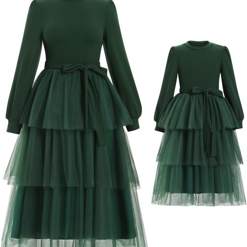 Family Look: Christmas-Themed Dress — Ribbed-Knit Tiered Hem with Tulle & Velvet Patchwork — Matching Autumn/Winter Christmas Style for Mother & Daughter (Includes Belt)