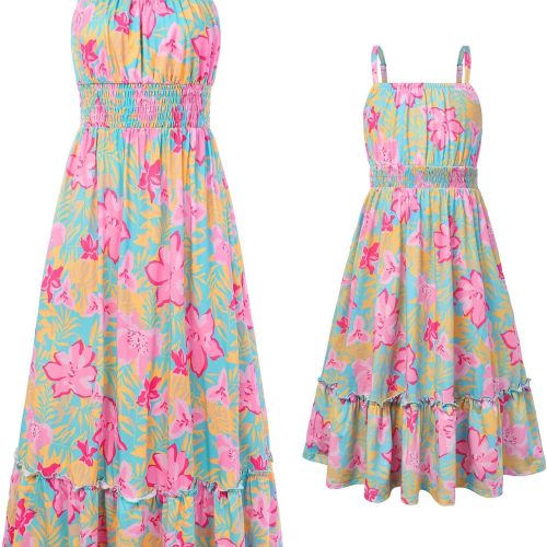 Matching Family Outfits: Floral Ruched Sundresses — Bohemian-Style Summer Maxi Dresses (With Pockets)