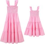 Family Look: Plaid Midi Dress — Flowy, Ruffled, Square-Neck Beach Dress — Matching Mother-Daughter Style