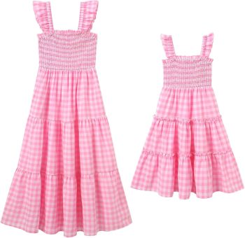 Family Look: Plaid Midi Dress — Flowy, Ruffled, Square-Neck Beach Dress — Matching Mother-Daughter Style