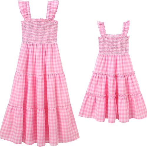 Family Look: Plaid Midi Dress — Flowy, Ruffled, Square-Neck Beach Dress — Matching Mother-Daughter Style