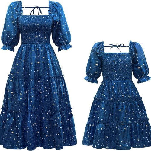 Matching Family Outfits: Floral Ruffled Lantern-Sleeve A-Line Maxi Dresses — Mother & Daughter Style