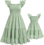 Matching Family Outfits: Bohemian-Style Summer Casual Vacation Dresses — Ruffled-Sleeve Tiered A-Line Skirts — Mother & Daughter Style