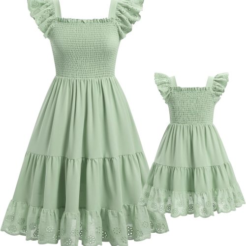 Matching Family Outfits: Bohemian-Style Summer Casual Vacation Dresses — Ruffled-Sleeve Tiered A-Line Skirts — Mother & Daughter Style