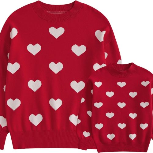 Family Sweaters: Valentine's Day Heart-Patterned Sweatshirts – Long-Sleeve Pullovers (Mom & Daughter Matching Outfits)