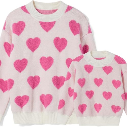 Valentine's Day Family Sweaters: Crewneck Heart-Knit Pullovers – Mom & Daughter Matching Outfits
