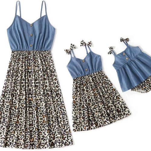 Family Look: Sleeveless Leopard-Print & Solid-Color Patchwork Tank Dress — Matching Mother-Daughter Style