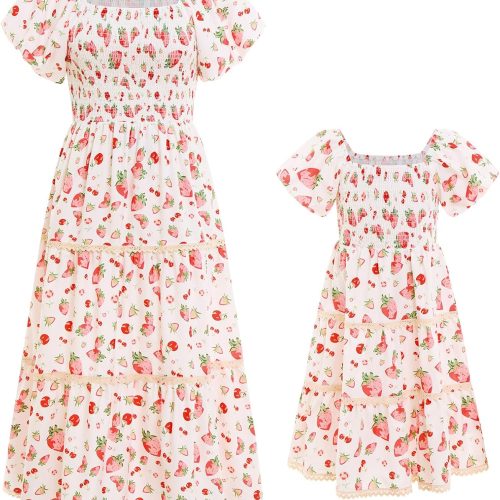 Family Look: Floral Puff-Sleeve A-Line Tiered Dress — Matching Summer Vacation Style for Mother & Daughter