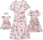 Matching Family Outfits: Floral Short-Sleeve T-Shirt Dresses — Crew Neck Design (With Pockets) — Mother & Daughter Style