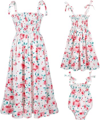 Family Look: Floral Ruffled Strap Dress Set — Casual Summer Beach Style — Matching Family Look