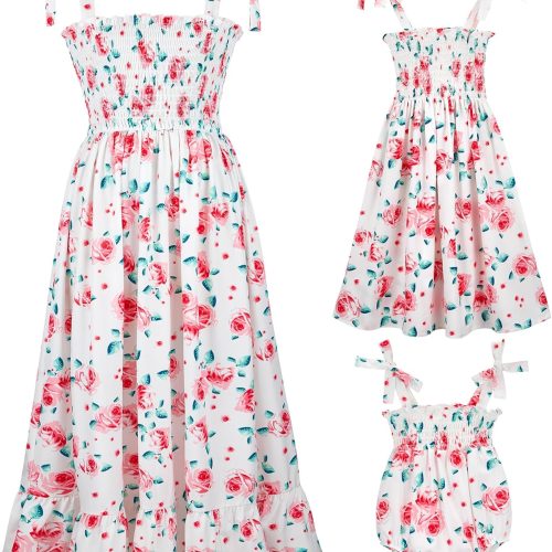 Family Look: Floral Ruffled Strap Dress Set — Casual Summer Beach Style — Matching Family Look